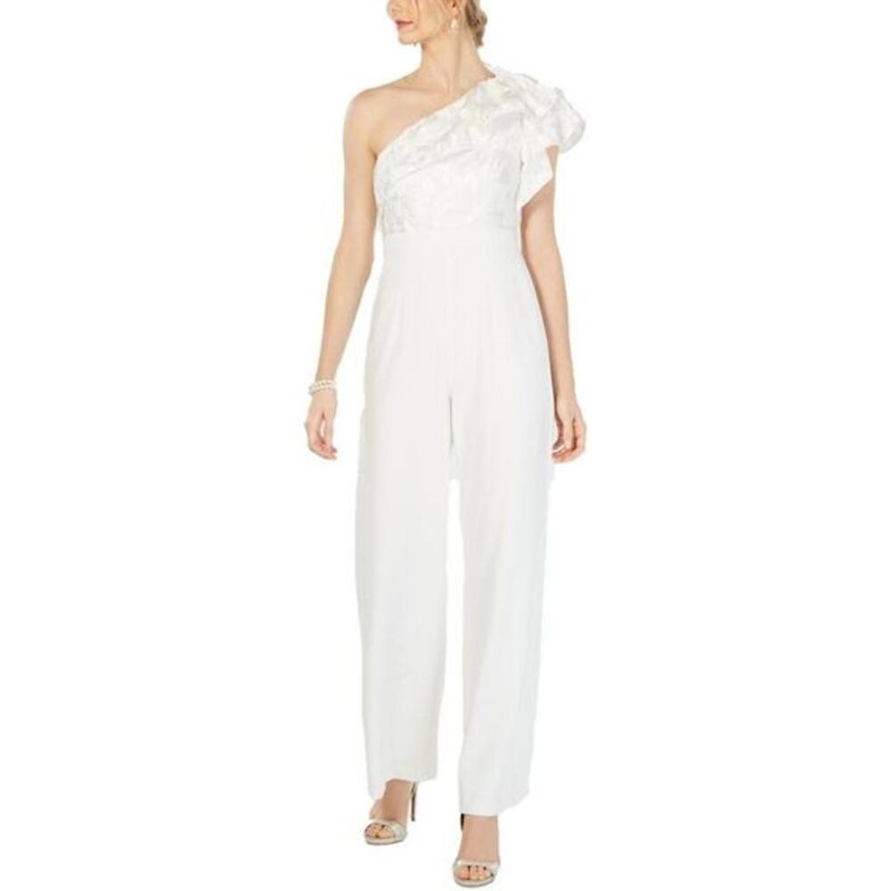 Adrianna Papell Womens Ivory One Shoulder Floral Lace Ruffled Jumpsuit Size 4